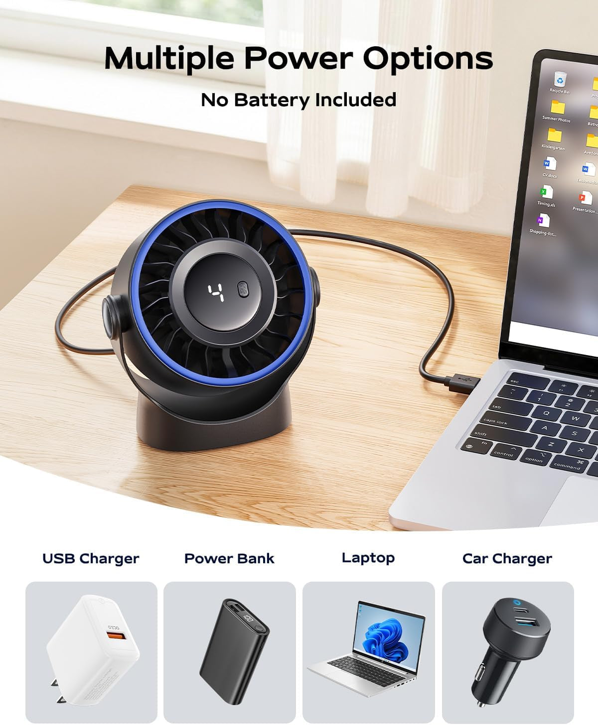 USB Small Desk Fan - 5 Inch Mini Personal Desktop Fan, 4 Speeds Cooling Strong Airflow, 360° Adjustable Tilt, Quiet Portable Table Fans for Bedroom, Home, Office, Travel & Cruise, Black