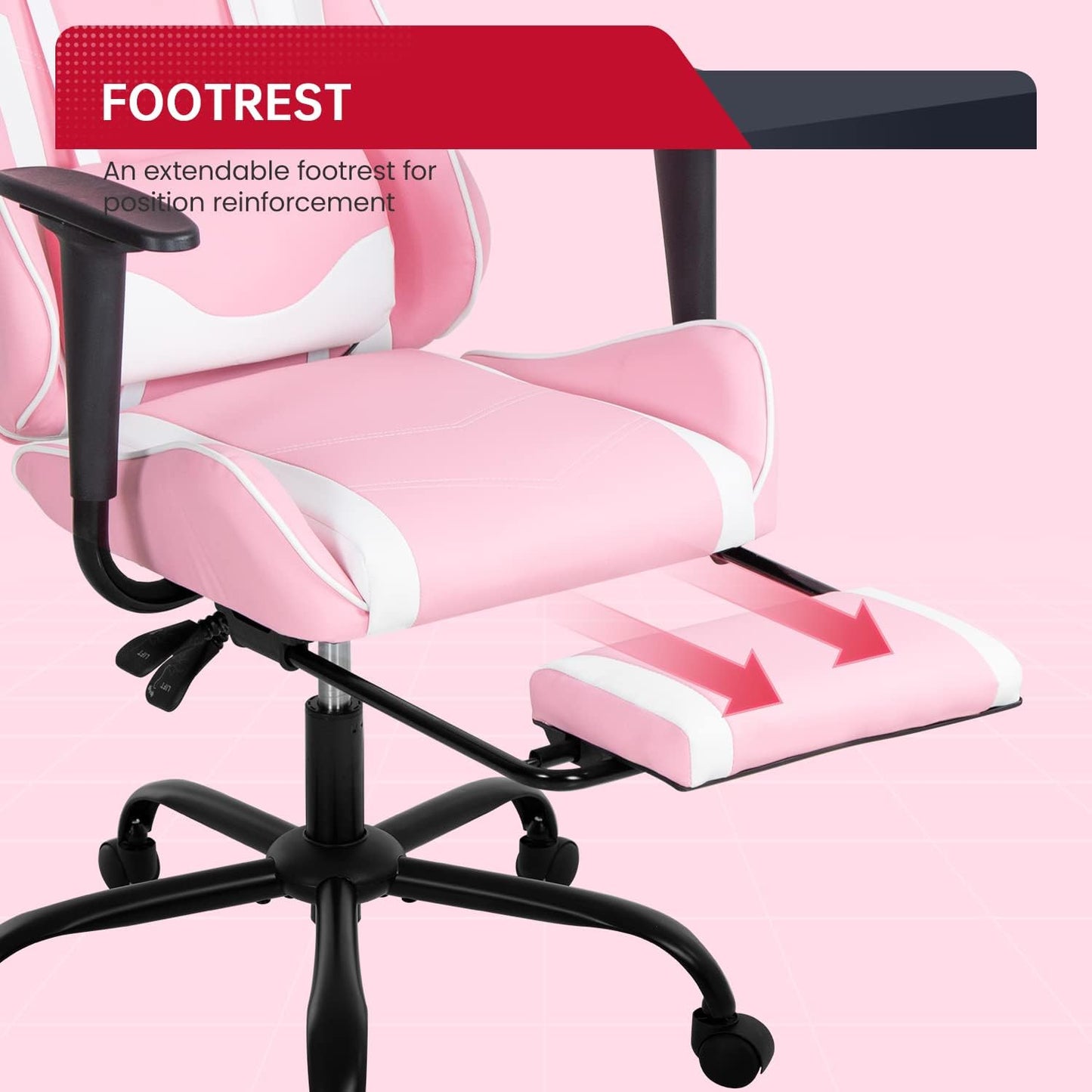 Ergonomic Pink Gaming Chair with Reclining Feature, Lumbar Support, Headrest Pillow, and Adjustable Footrests - 360-Degree Swivel and Heavy-Duty Wheels for Home and Office Use