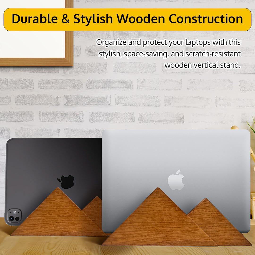 Dual Laptop Holder Vertical Stand 2 Slots Wooden - Light Brown (Oak Color) - Vertical Holder for Desk, Macbook Pro & Air, Desktop Organizer Made of Natural Wood, Adjustable Stand for Notebooks