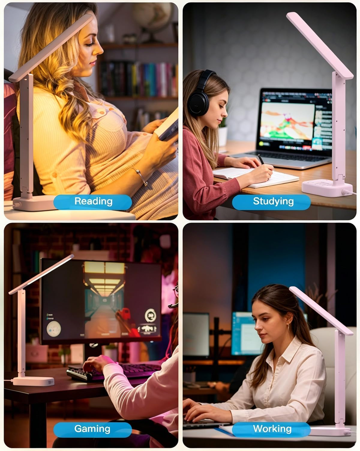 Small LED Desk Lamp Power Strip 5Ft Extension Cord with 3 Outlets 4 USB Ports(2 USB C), 4 Modes, 5 Level Touch Lamp Study Reading Light, Home Office Bedroom College Dorm Room Essentials, Pink