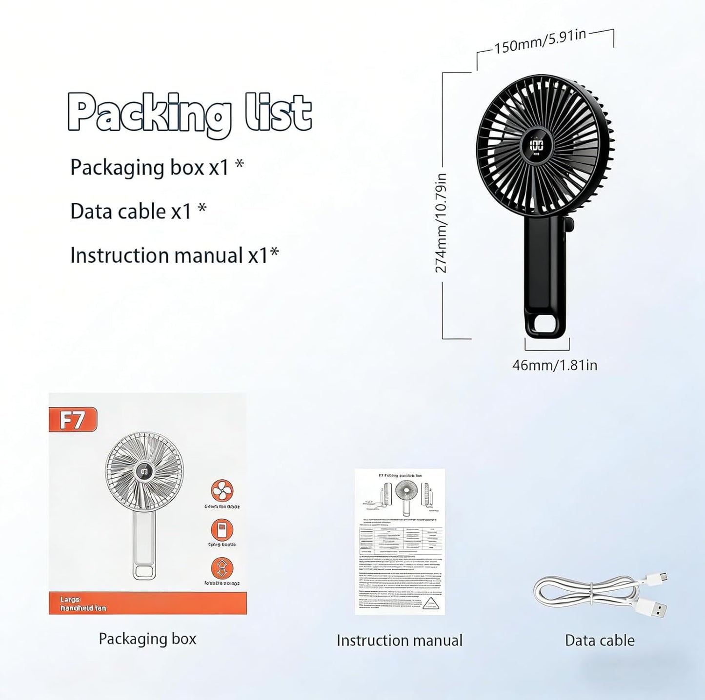 Large Portable Handheld Desk Fan, 6 Inch Blades for Travel | 180° Foldable, 5 Speeds, LED Display, Battery Rechargeable USB, up to 8.5H Working Time,Indoor,Ourdoor,Camping