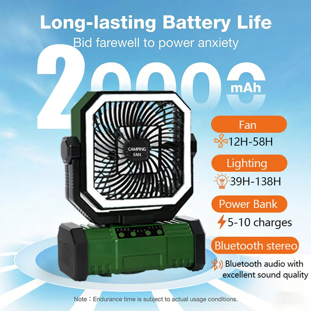 Camping Portable Desk Fan with LED Light Rechargeable Quiet Camping Fan 20000Mah Battery Hanging Hook for Trip Home Bedroom