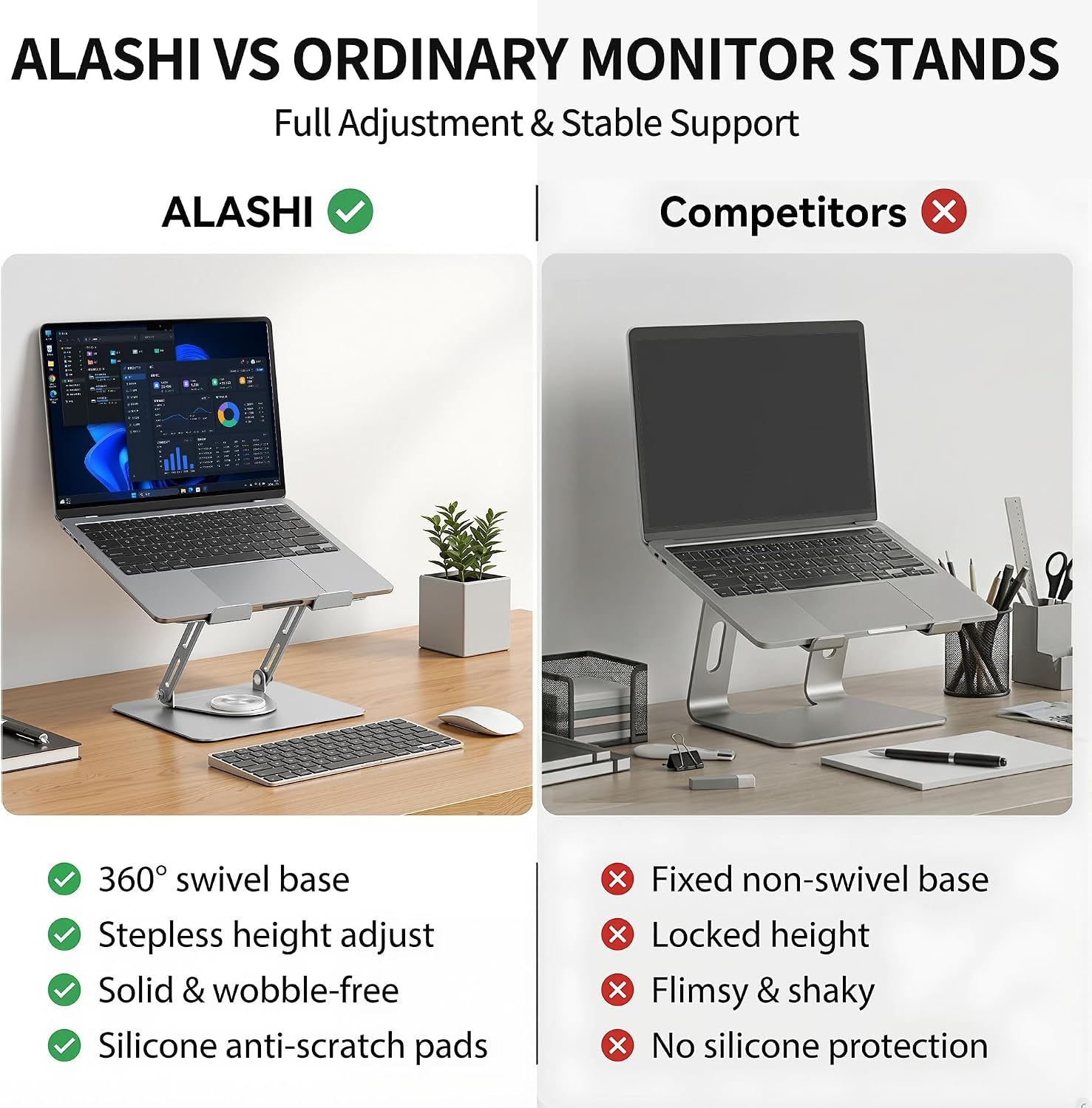 Laptop Stand for Desk with 360° Rotating Base, Multi-Angle Adjustable Laptop Stands, Foldable Laptop Riser Compatible with 10 to 17 Inches PC Computer, Silver