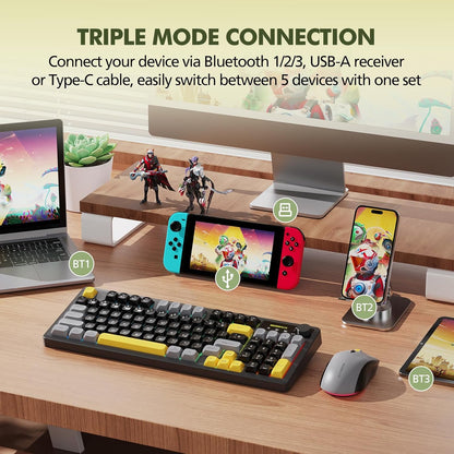 Wireless Keyboard and Mouse Combo Creamy with Number Pad for Desktop Mac Ipad Bluetooth/2.4Ghz/Wired Rechargeable Light up RGB Quiet Compatible with PC Laptop Tablet (Black)