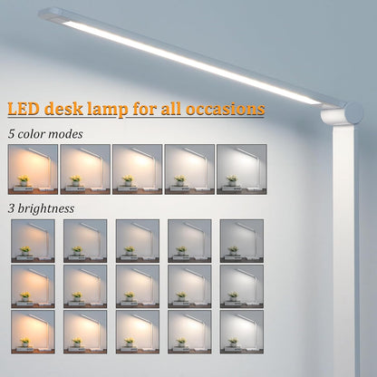 LED Desk Lamp with USB Ports, Touch Control, 5 Color Modes, 3 Brightness Levels, Foldable Design, White