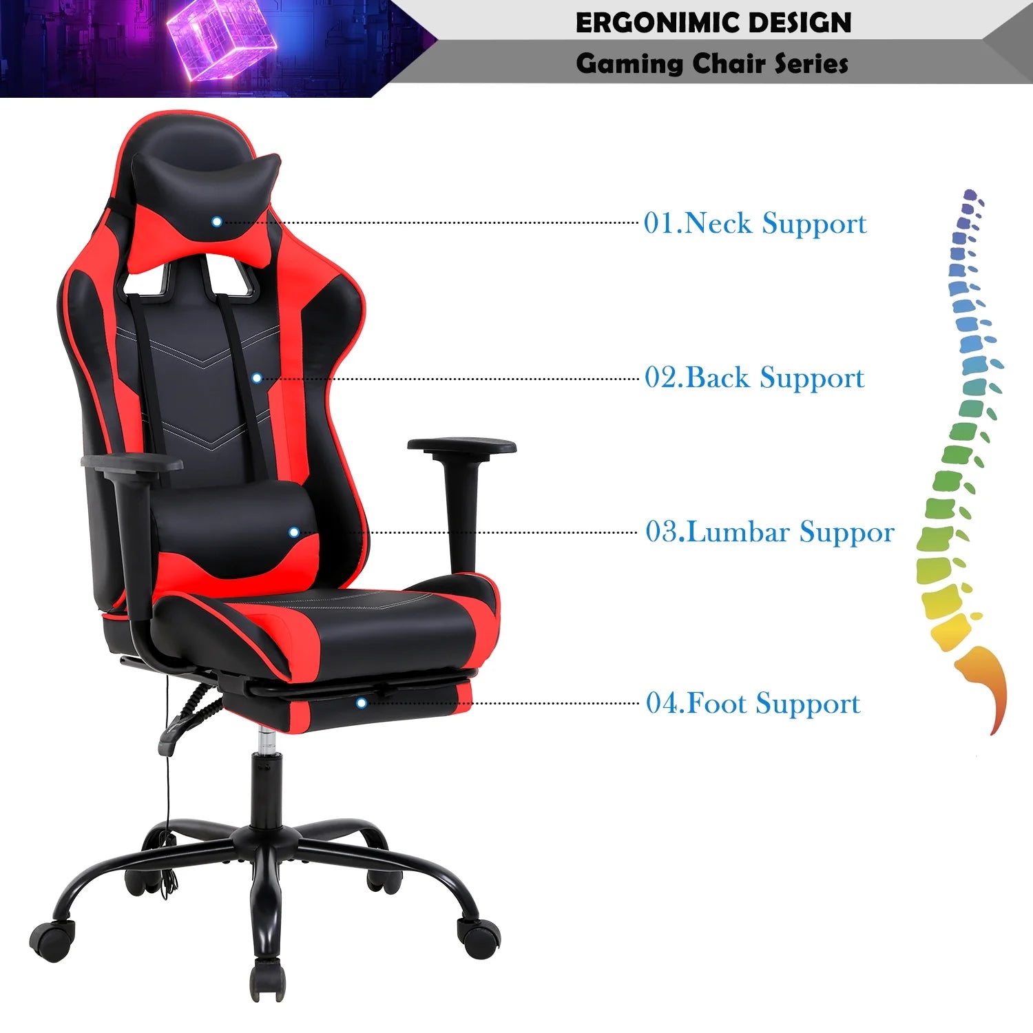 Ergonomic Racing Office Chair with Massage Function, PU Leather Recliner, Lumbar Support, Headrest, Armrest, Footrest, and Swivel Base for Adults - Red