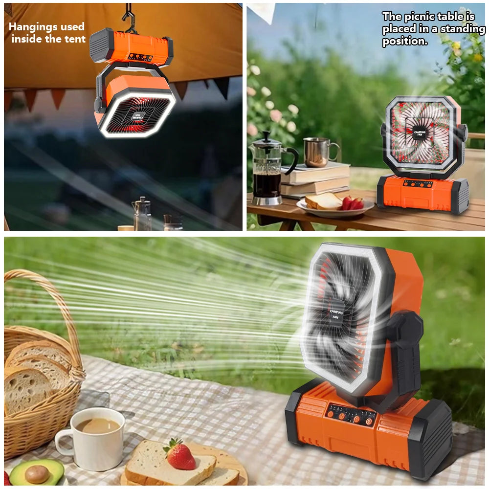 Camping Portable Desk Fan with LED Light Rechargeable Quiet Camping Fan 20000Mah Battery Hanging Hook for Trip Home Bedroom