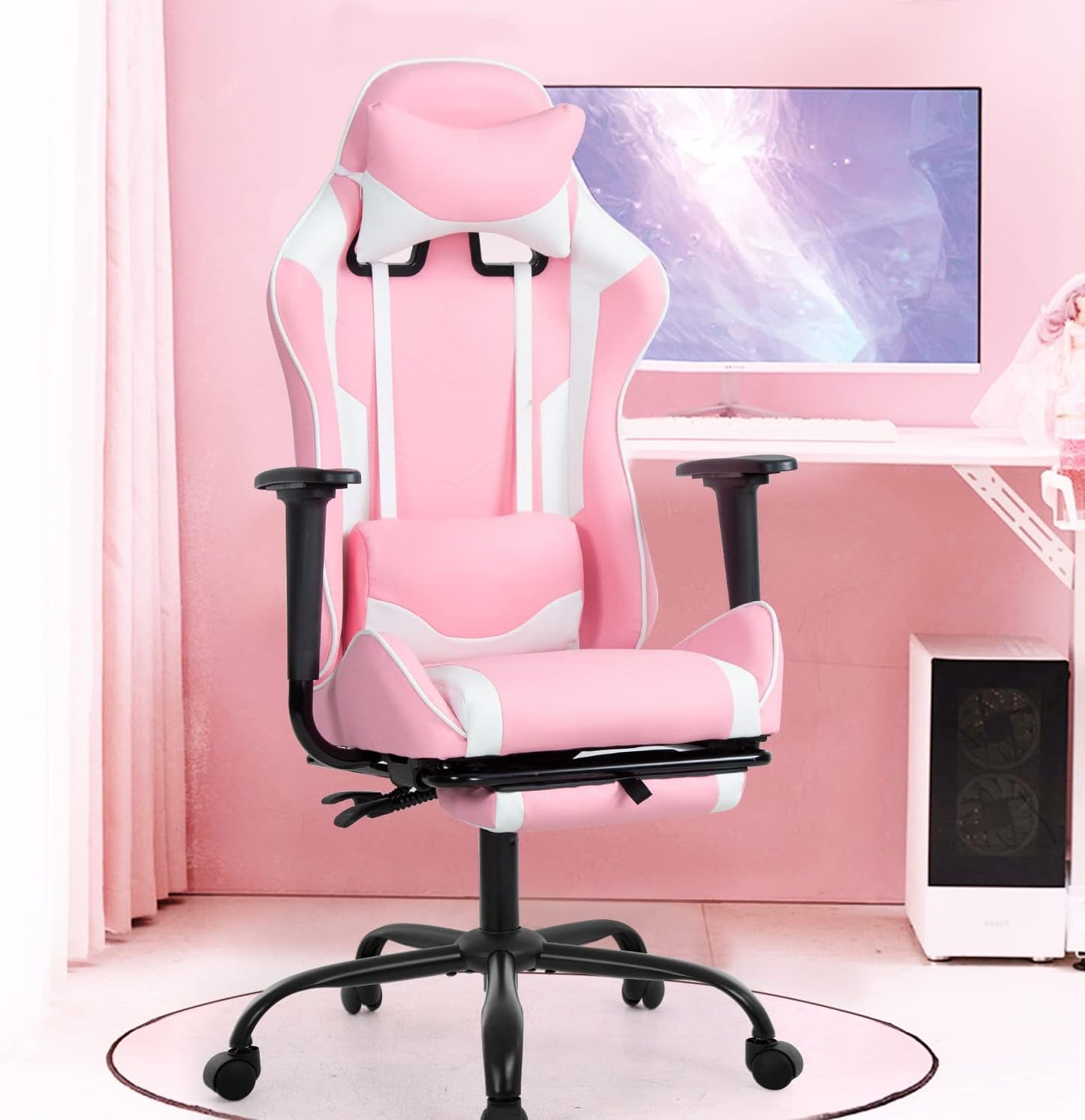 Ergonomic Pink Gaming Chair with Reclining Feature, Lumbar Support, Headrest Pillow, and Adjustable Footrests - 360-Degree Swivel and Heavy-Duty Wheels for Home and Office Use