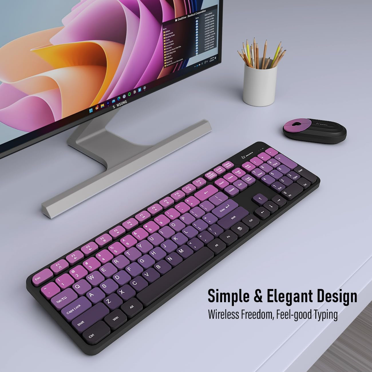 Wireless Keyboard and Mouse Combo - 2.4G Wireless, Rechargeable, Low-Noise, Cute Colorful, Full-Sized, 3 DPI Adjustable Mouse, for Computer, Laptop, PC, Desktop (Black Pink)