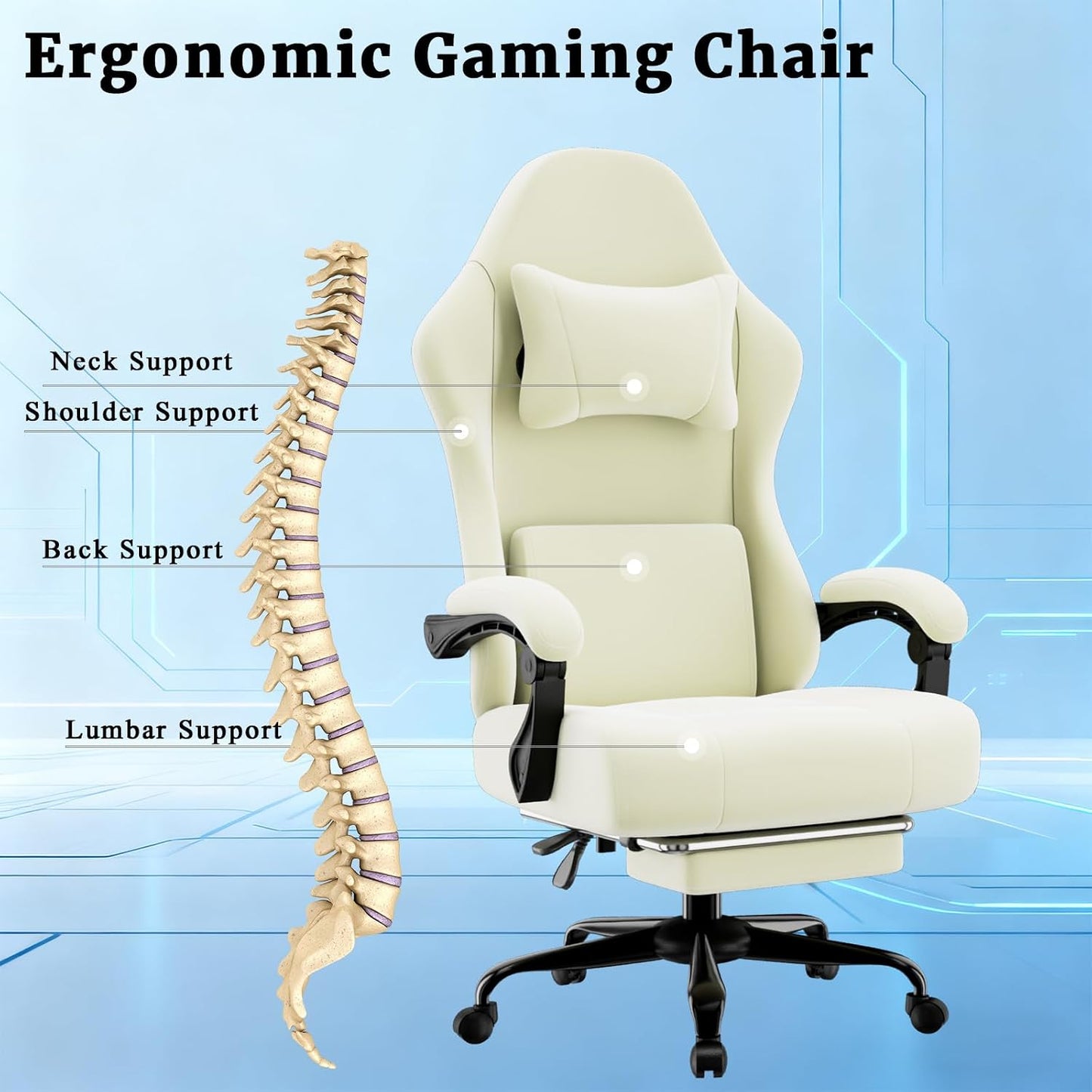 Ergonomic Massage Gaming Chair with Lumbar Support and Footrest, Height Adjustable Fabric Computer Chair with Pocket Spring Cushion in Beige