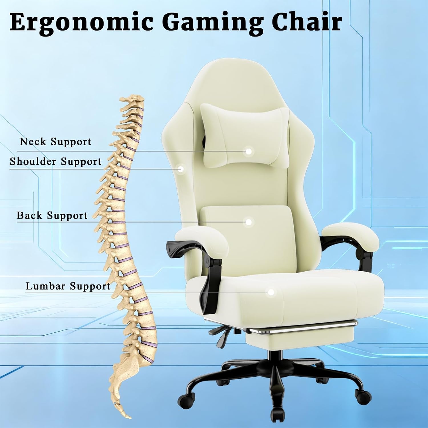 Ergonomic Massage Gaming Chair with Lumbar Support and Footrest, Height Adjustable Fabric Computer Chair with Pocket Spring Cushion in Beige