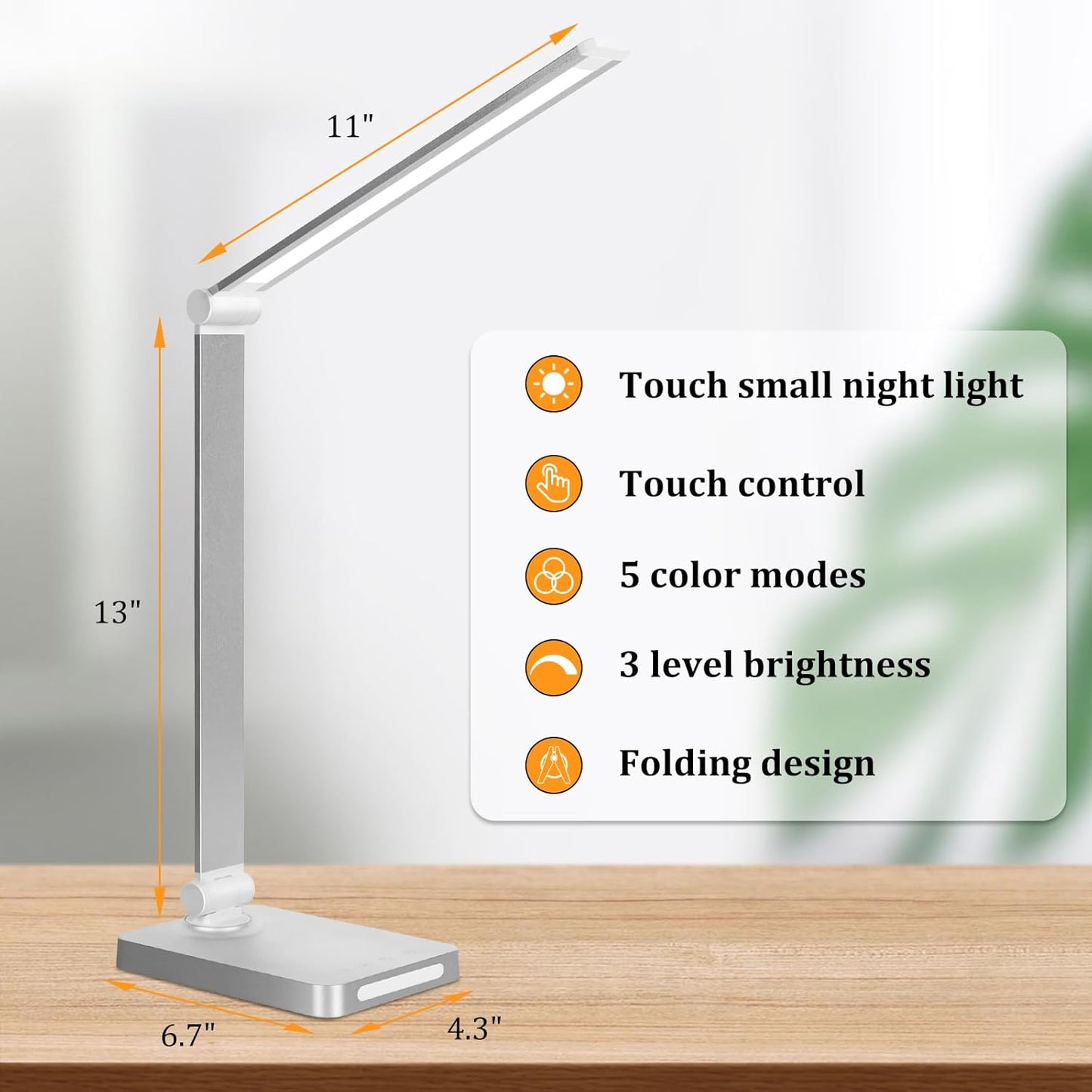 LED Desk Lamp with USB Ports,Touch Desk Lamps for Home Office with 5 Color Modes,3 Brightness Desk Light with Small Night Light,Reading Lamp Table LED Lamp for Bedroom Bedsid Study Sliver