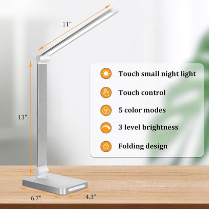LED Desk Lamp with USB Ports,Touch Desk Lamps for Home Office with 5 Color Modes,3 Brightness Desk Light with Small Night Light,Reading Lamp Table LED Lamp for Bedroom Bedsid Study Sliver