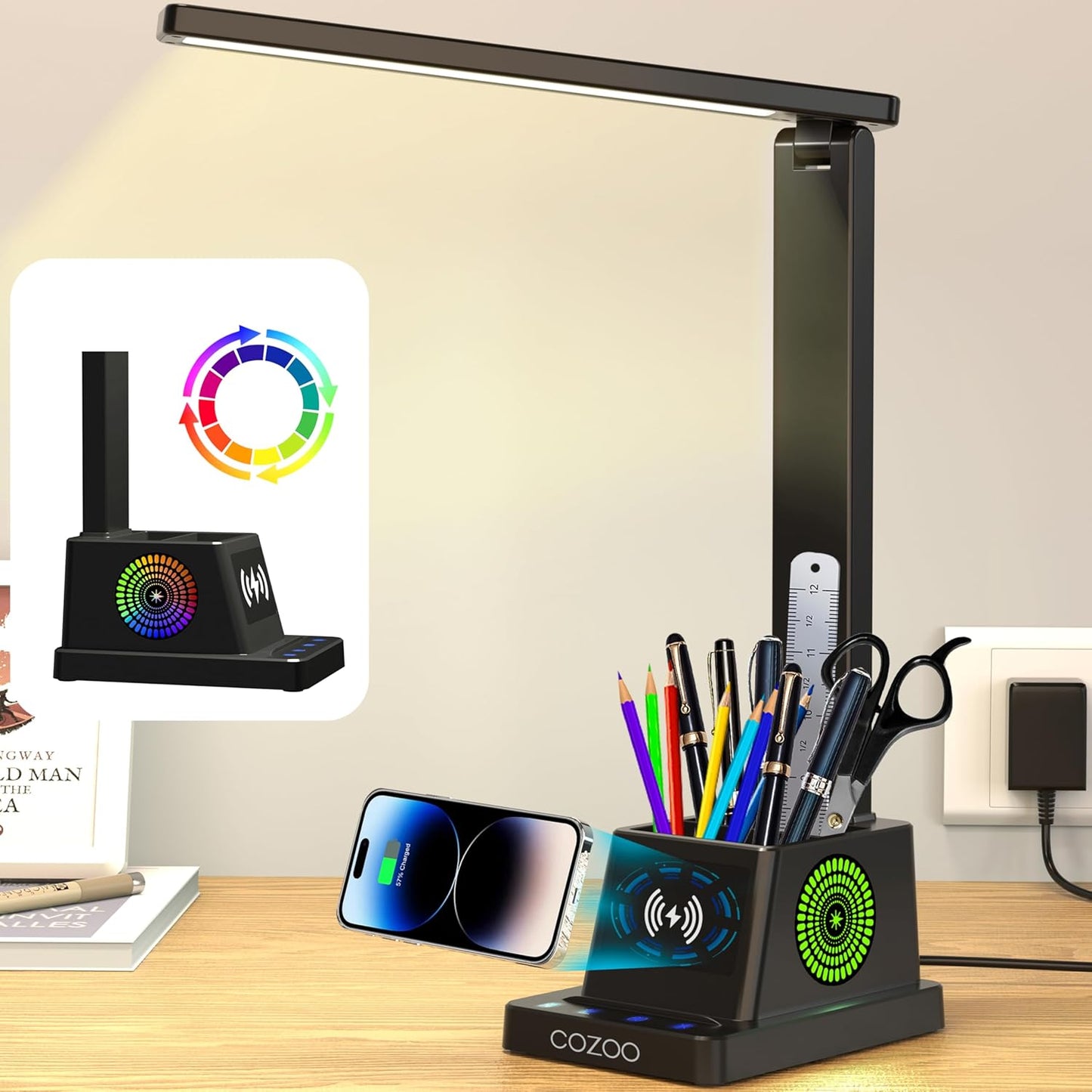 LED Desk Lamp for Home Office, Desk Light with 15W Wireless Charger Pen Holder, 12 Lighting Modes Desk Lamp for Bedroom, Small Table Lamp for College Dorm, Study, Craft, Nail, Foldable Black