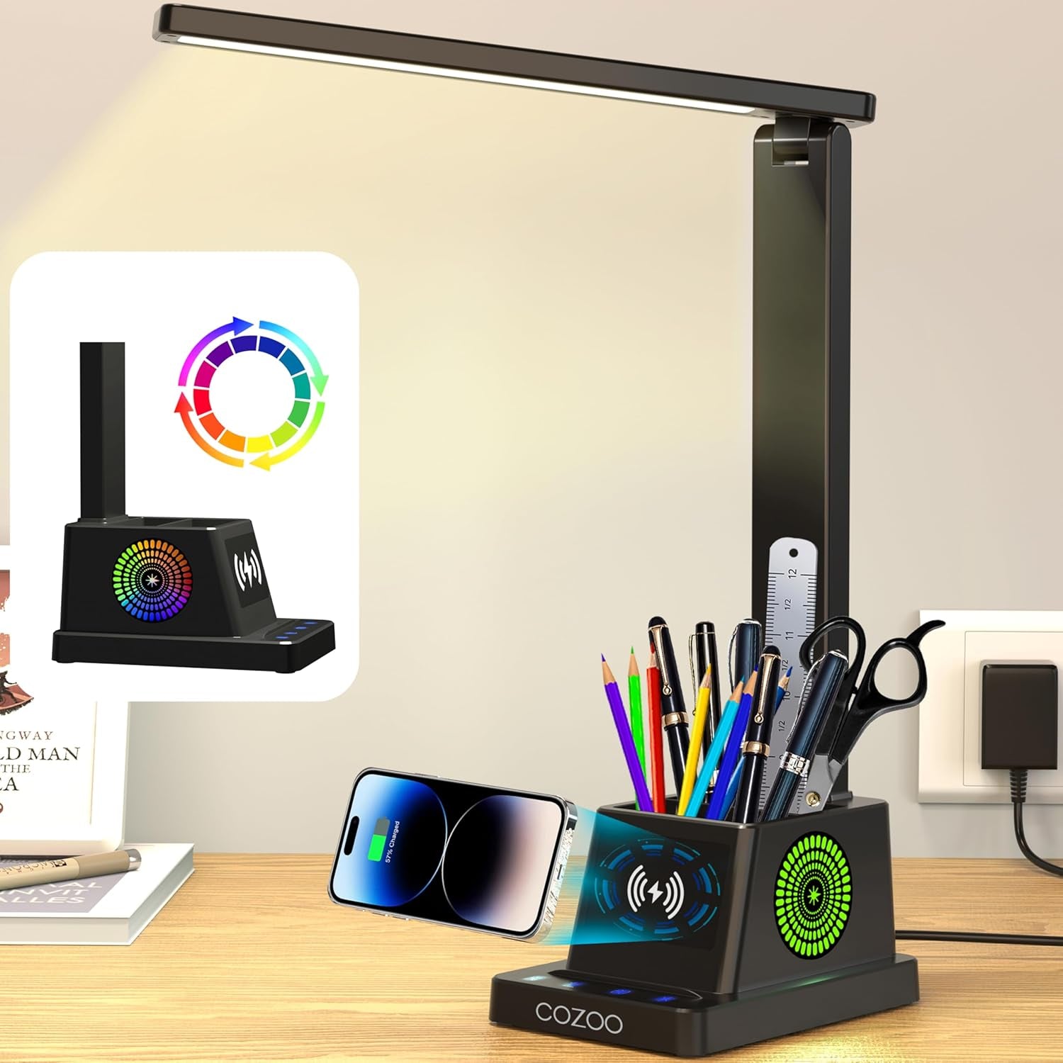 LED Desk Lamp for Home Office, Desk Light with 15W Wireless Charger Pen Holder, 12 Lighting Modes Desk Lamp for Bedroom, Small Table Lamp for College Dorm, Study, Craft, Nail, Foldable Black