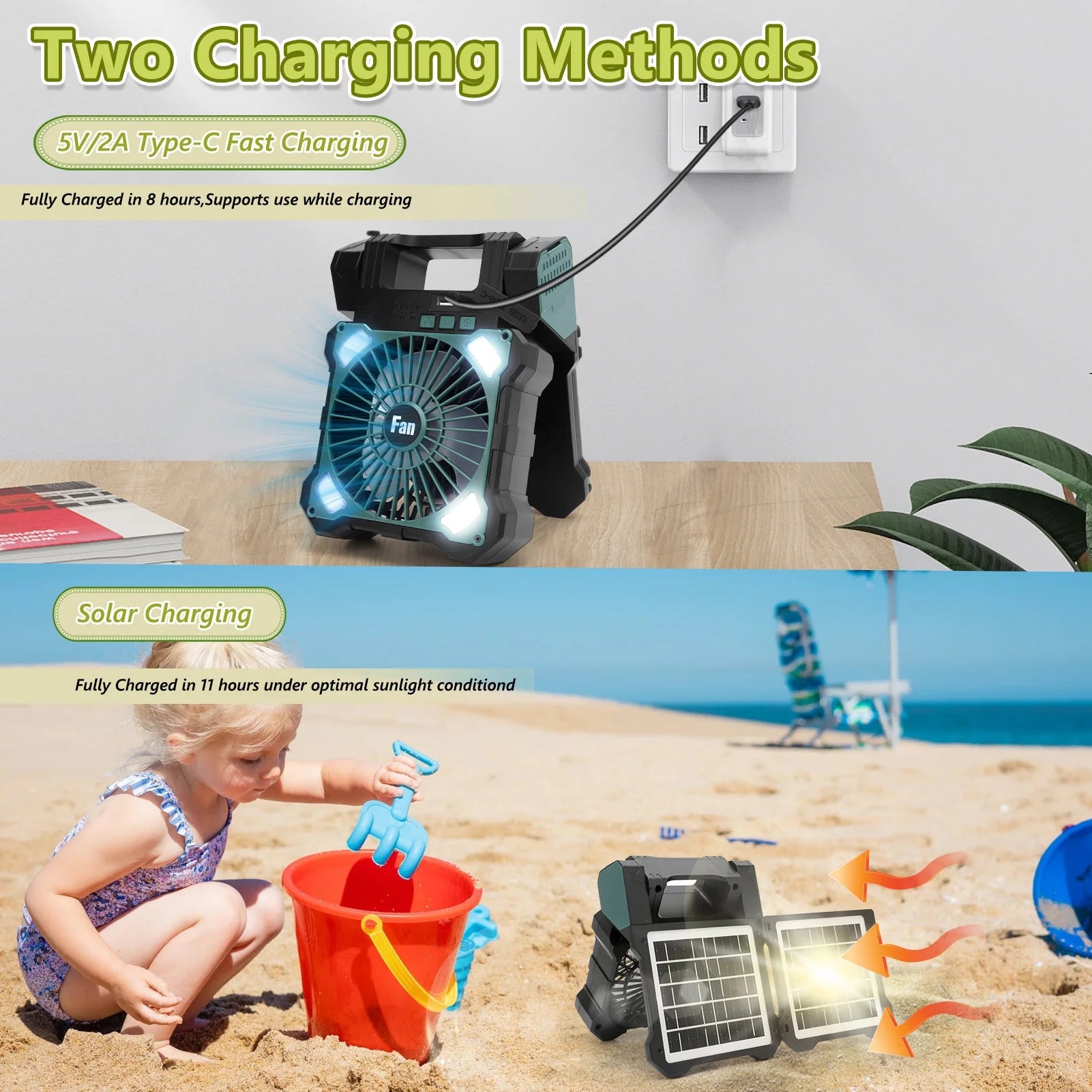 10000Mah Solar Camping Fan with Power Bank & Light, 5 Speeds USB Rechargeable Solar Powered Fan with Timer, 90° Foldable Portable Quiet Desk Fan for Hiking Power Outage Fishing Travel BBQ