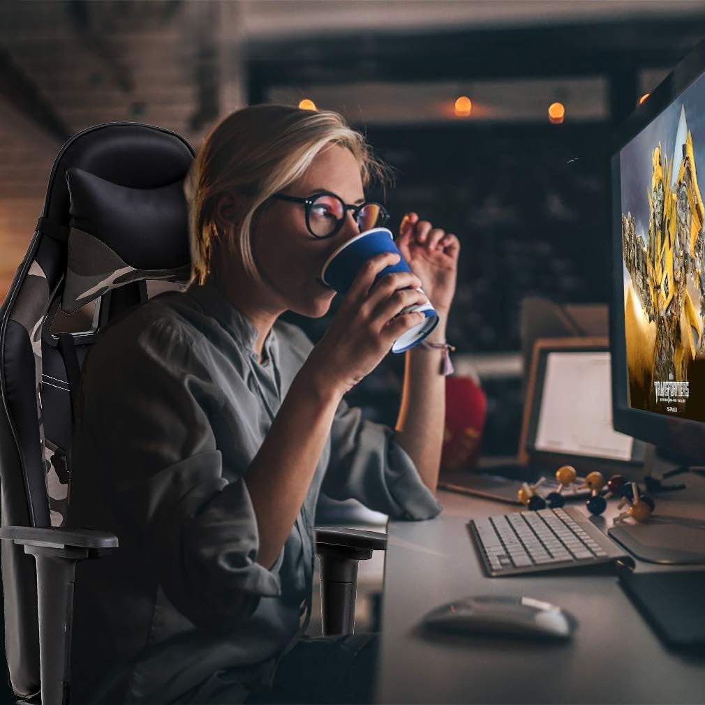 Ergonomic Camo Gaming Chair | Reclining Computer Chair with Lumbar Support, Headrest Pillow, and Adjustable Footrests | 360-Degree Swivel with Heavy-Duty Wheels | Ideal for Home and Office Use