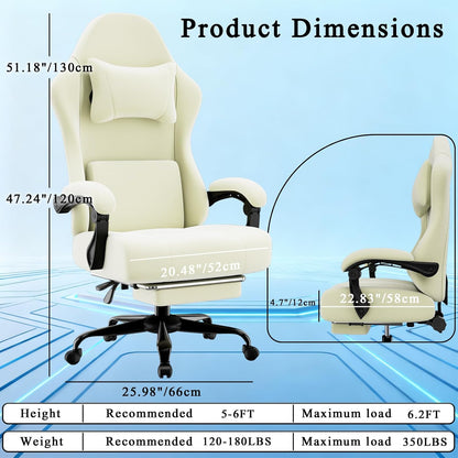 Ergonomic Massage Gaming Chair with Lumbar Support and Footrest, Height Adjustable Fabric Computer Chair with Pocket Spring Cushion in Beige