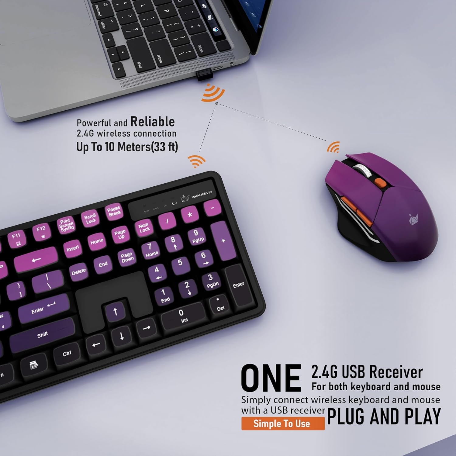 Wireless Keyboard and Mouse Combo, Rechargeable and Quiet, Full-Size with Number Pad, MDA Sculpted Keycaps, Ergonomic Mouse, 2.4Ghz Cordless Plug & Play for Windows PC Laptop Desktop(Lavender Purple