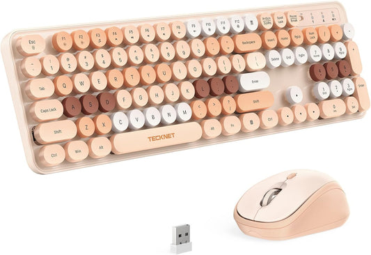 Wireless Keyboard and Mouse Combo, Dual Bluetooth & 2.4G, Full Size Retro Typewriter Keyboard with Number Pad, Quiet round Keys, Colorful Design for Laptop, PC, Tablet, Home Office
