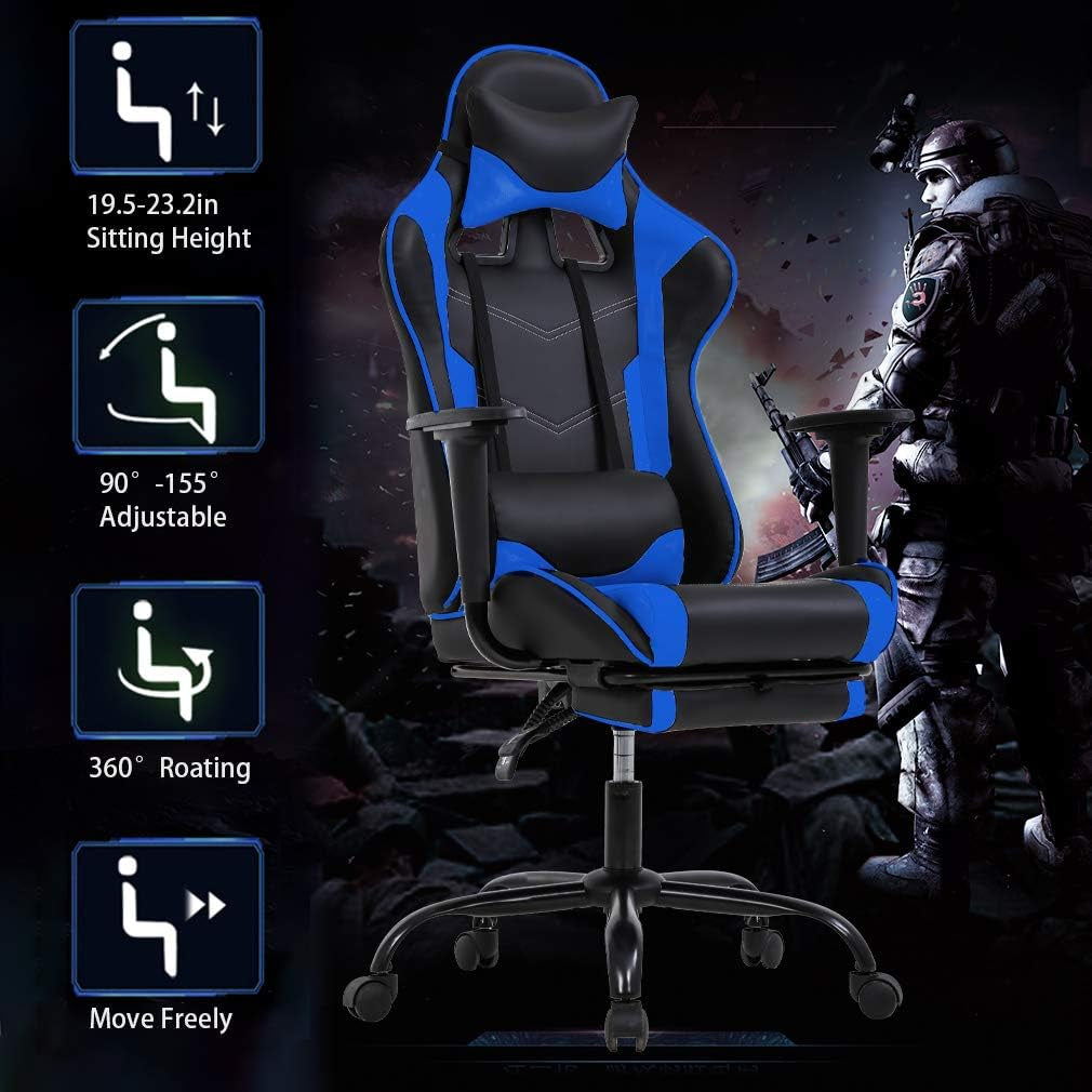 Ergonomic Blue Gaming Chair | Reclining Computer Chair with Lumbar Support, Headrest Pillow, and Adjustable Footrests | 360-Degree Swivel with Heavy-Duty Wheels | Ideal for Home and Office