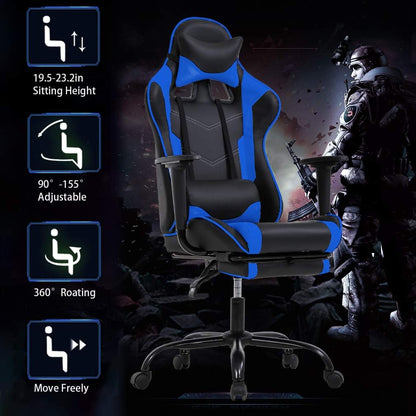 Ergonomic Blue Gaming Chair | Reclining Computer Chair with Lumbar Support, Headrest Pillow, and Adjustable Footrests | 360-Degree Swivel with Heavy-Duty Wheels | Ideal for Home and Office