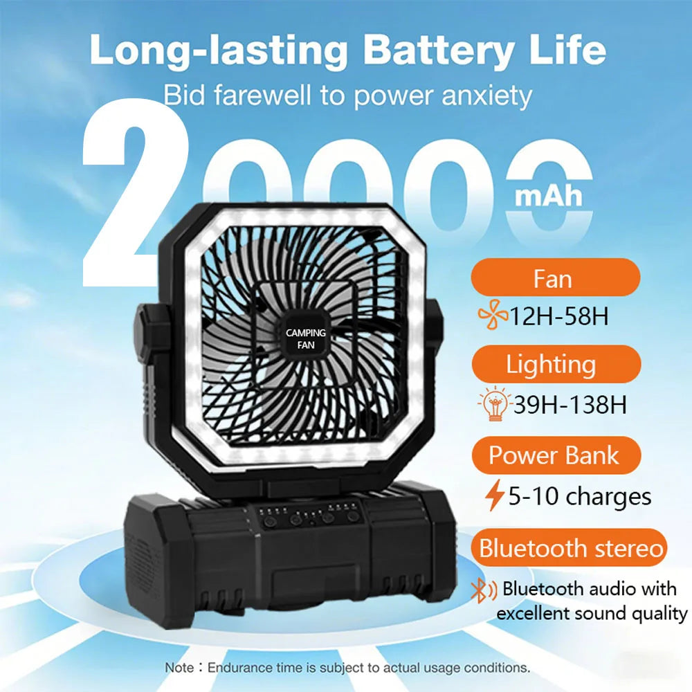Camping Portable Desk Fan with LED Light Rechargeable Quiet Camping Fan 20000Mah Battery Hanging Hook for Trip Home Bedroom