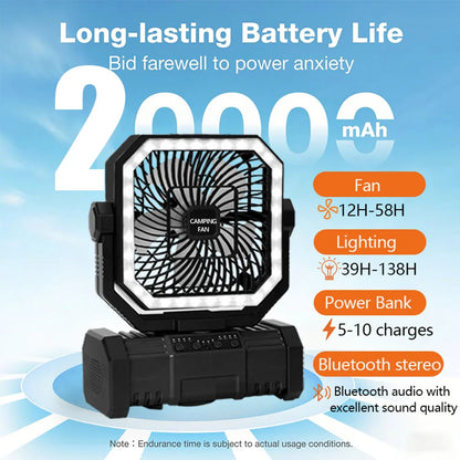 Camping Portable Desk Fan with LED Light Rechargeable Quiet Camping Fan 20000Mah Battery Hanging Hook for Trip Home Bedroom