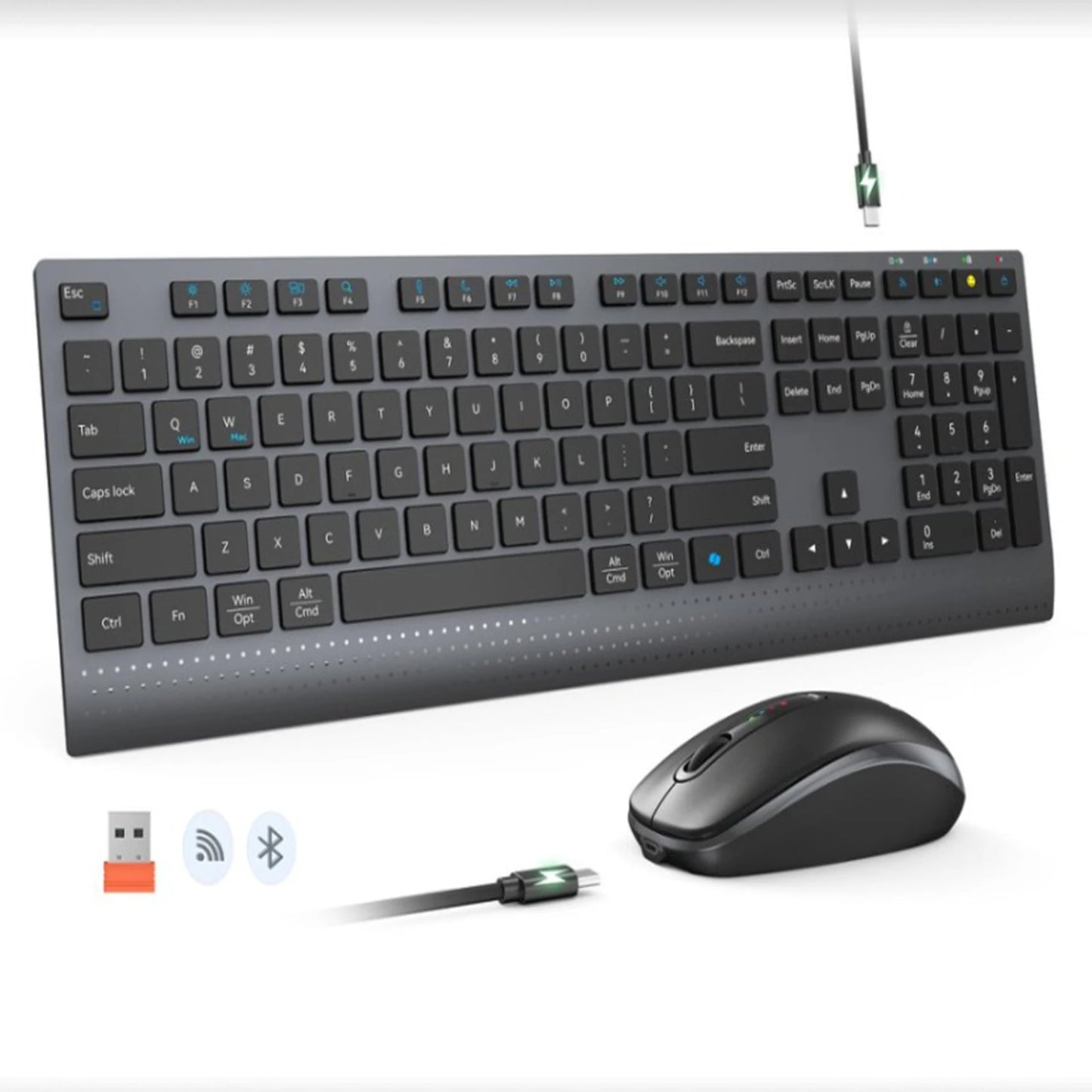 Dual-Mode 2.4G Wireless Rechargeable Keyboard and Mouse Combo with Multi-Function Keys for Windows PC Gamers