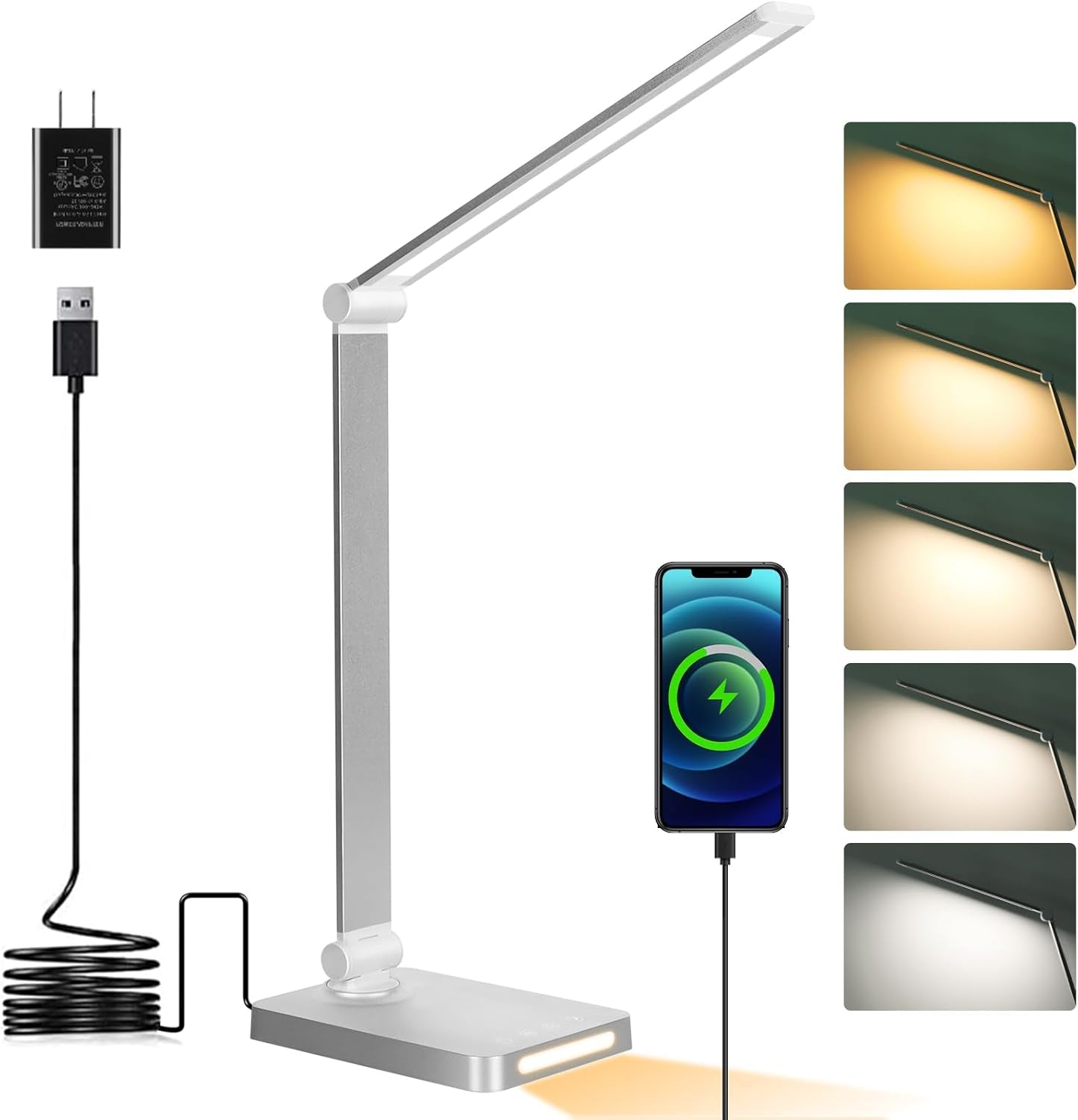 LED Desk Lamp with USB Ports,Touch Desk Lamps for Home Office with 5 Color Modes,3 Brightness Desk Light with Small Night Light,Reading Lamp Table LED Lamp for Bedroom Bedsid Study Sliver