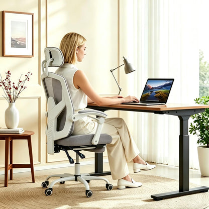 Ergonomic High Back Office Chair with Footrest and Lumbar Support, Adjustable Recline and Mesh Back for Home and Gaming, Grey
