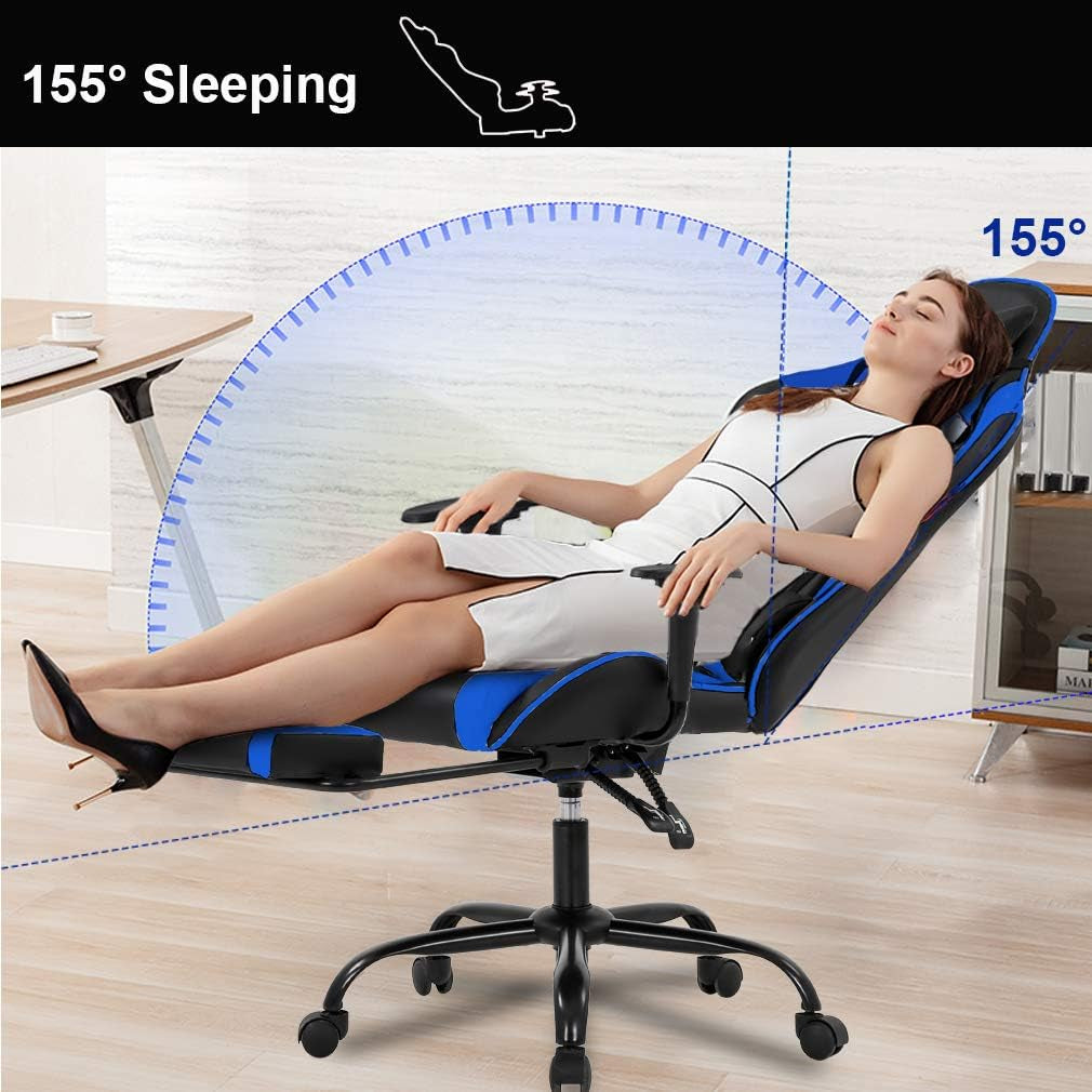 Ergonomic Blue Gaming Chair | Reclining Computer Chair with Lumbar Support, Headrest Pillow, and Adjustable Footrests | 360-Degree Swivel with Heavy-Duty Wheels | Ideal for Home and Office