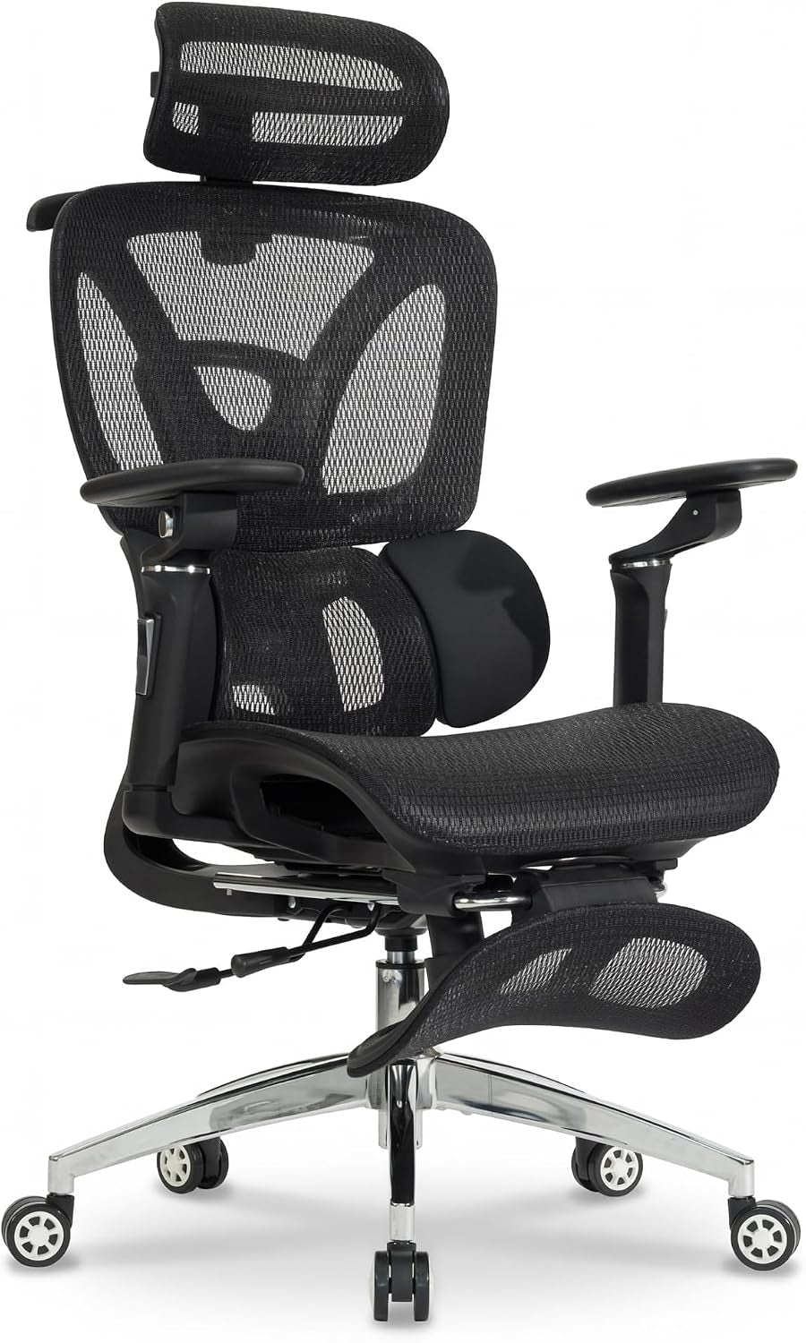 Ergonomic Mesh Office and Gaming Chair with Footrest, High Back Design, 3D Lumbar Support, 130° Tilt, Adjustable Seat Depth, 6D Armrests, and 3D Headrest (Black Pro)