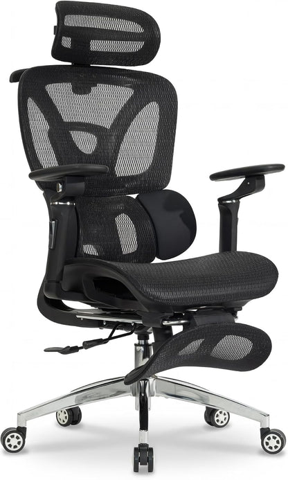 Ergonomic Mesh Office and Gaming Chair with Footrest, High Back Design, 3D Lumbar Support, 130° Tilt, Adjustable Seat Depth, 6D Armrests, and 3D Headrest (Black Pro)