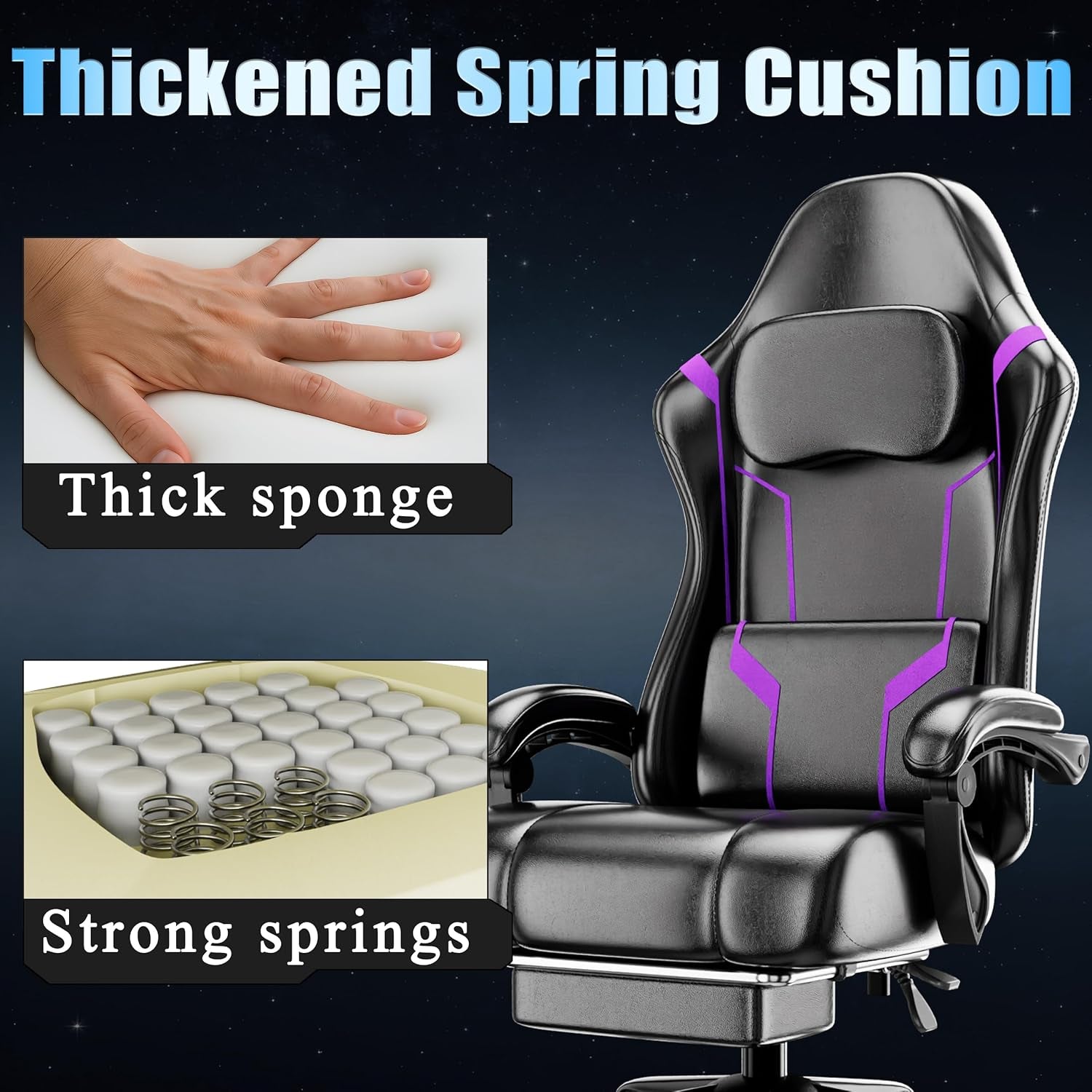 Ergonomic Gaming Chair with Pocket Spring Cushion and Footrest, Adjustable Height Computer Chair with Swivel Seat and Headrest (Purple)