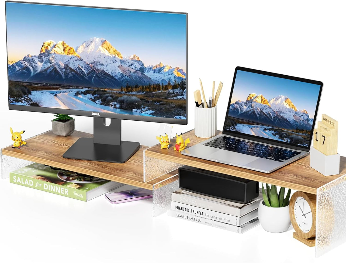Adjustable Monitor Stand Riser with Acrylic Legs丨9.4" Wide Dual Monitor Stand for Desk丨2-Tier Wood Desktop Organizer for Computer, Laptop, Printer & Pc丨Modern Aesthetic Desk Shelf(Wood-Glacial Striae)
