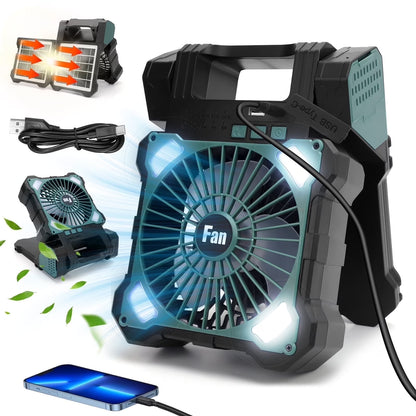 10000Mah Solar Camping Fan with Power Bank & Light, 5 Speeds USB Rechargeable Solar Powered Fan with Timer, 90° Foldable Portable Quiet Desk Fan for Hiking Power Outage Fishing Travel BBQ