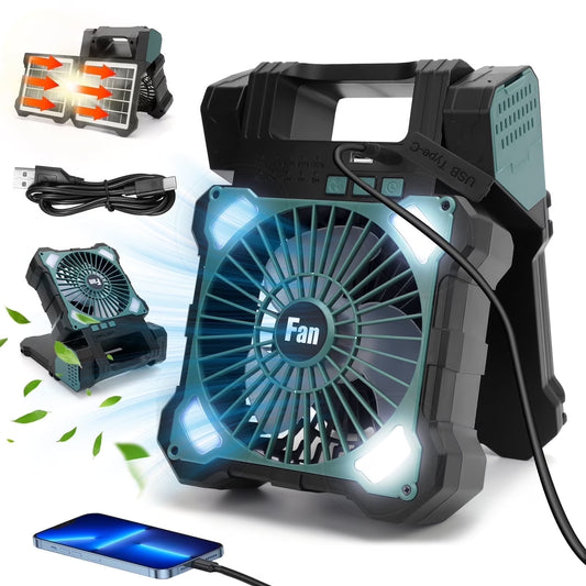 10000Mah Solar Camping Fan with Power Bank & Light, 5 Speeds USB Rechargeable Solar Powered Fan with Timer, 90° Foldable Portable Quiet Desk Fan for Hiking Power Outage Fishing Travel BBQ