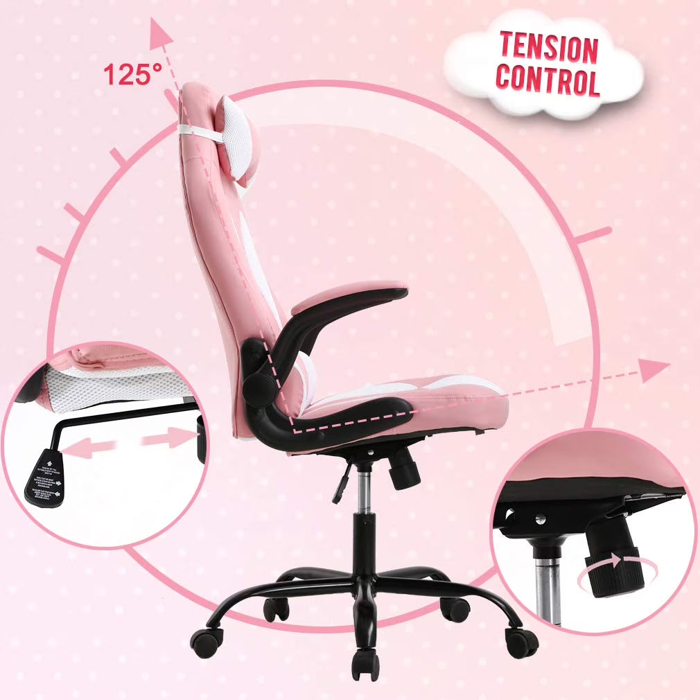 Ergonomic PU Leather Massage Gaming Chair with Lumbar Support - Pink Office Chair for Girls