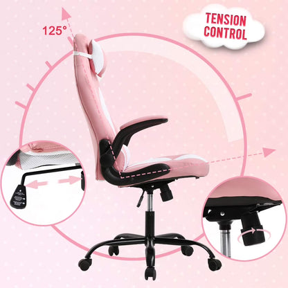 Ergonomic PU Leather Massage Gaming Chair with Lumbar Support - Pink Office Chair for Girls