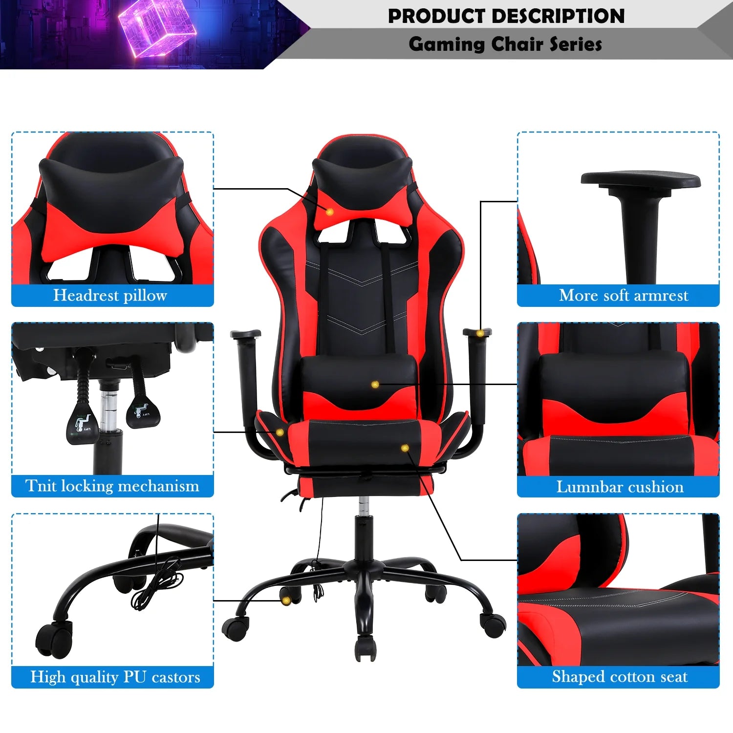 Ergonomic Racing Office Chair with Massage Function, PU Leather Recliner, Lumbar Support, Headrest, Armrest, Footrest, and Swivel Base for Adults - Red