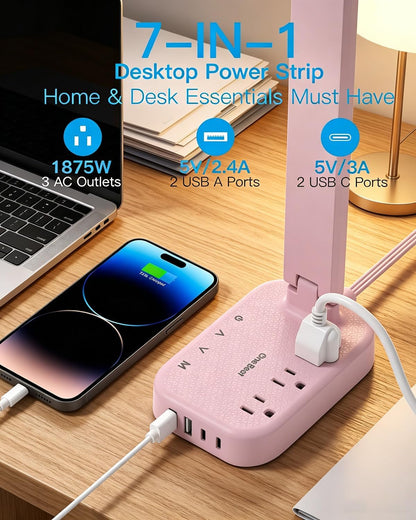 Small LED Desk Lamp Power Strip 5Ft Extension Cord with 3 Outlets 4 USB Ports(2 USB C), 4 Modes, 5 Level Touch Lamp Study Reading Light, Home Office Bedroom College Dorm Room Essentials, Pink