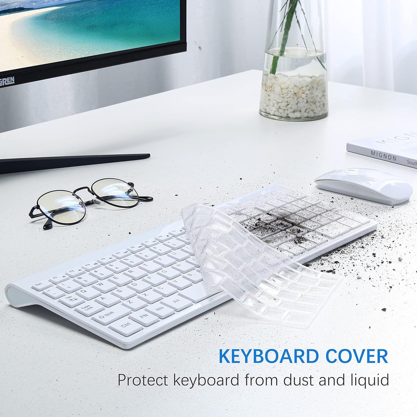 Wireless Keyboard and Mouse Ultra Slim Combo,  2.4G Silent Compact USB 2400DPI Mouse and Scissor Switch Keyboard Set with Cover, Batteries Included, for Pc/Laptop/Windows/Mac - White