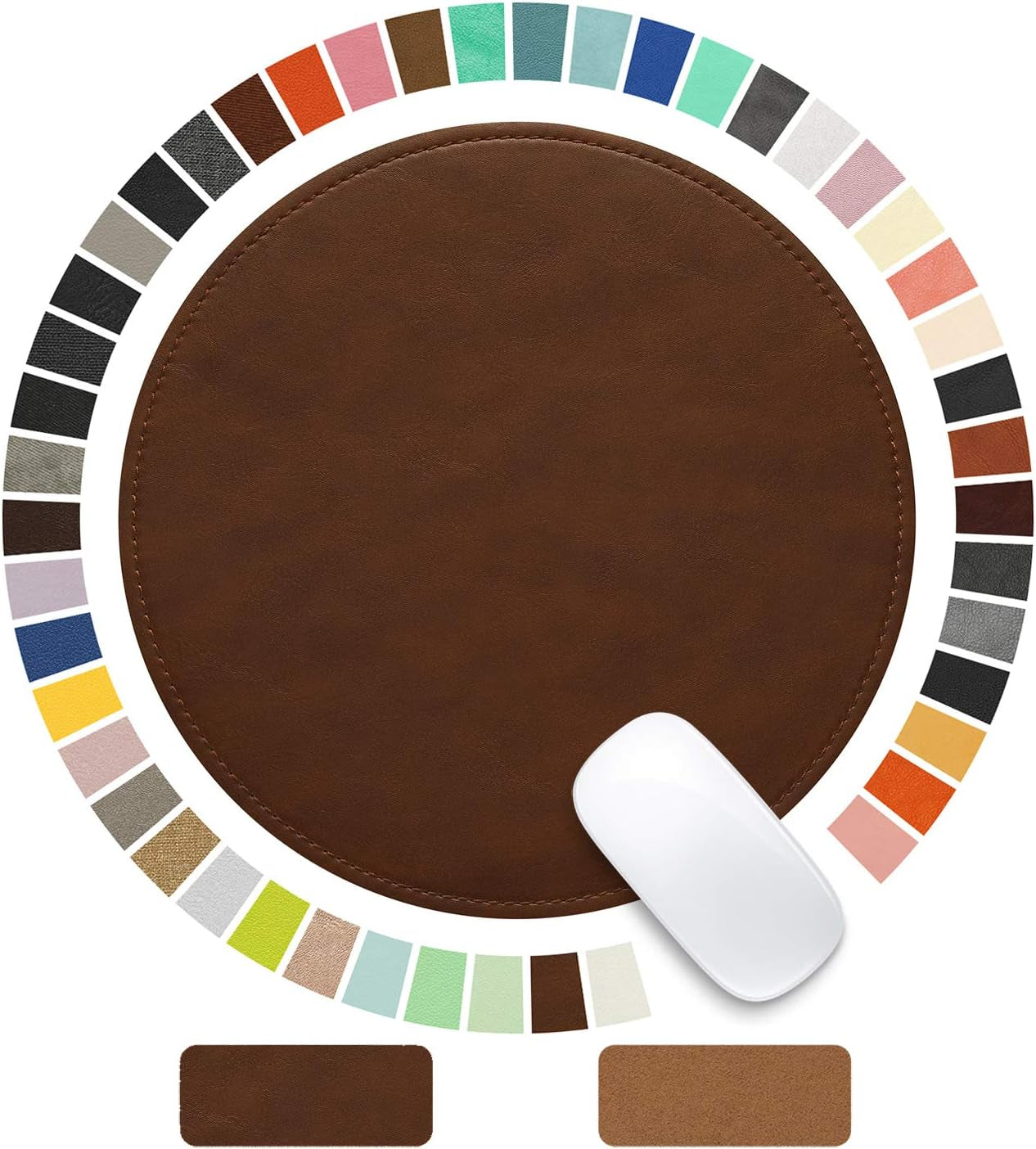 Round Leather Mouse Pad with Stitched Edge and Non-Slip Waterproof Microfiber Base, 9 x 9 Inches (Charcoal Black)