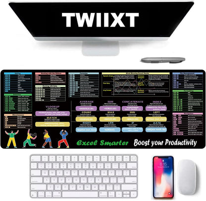 TWXIIT Excel Cheat Sheet Desk Pad - 31.5" x 11.8" Keyboard Shortcut Reference Mat with 11 Function Modules, Common Formulas, and Non-Slip Stitched Edges for Office Use