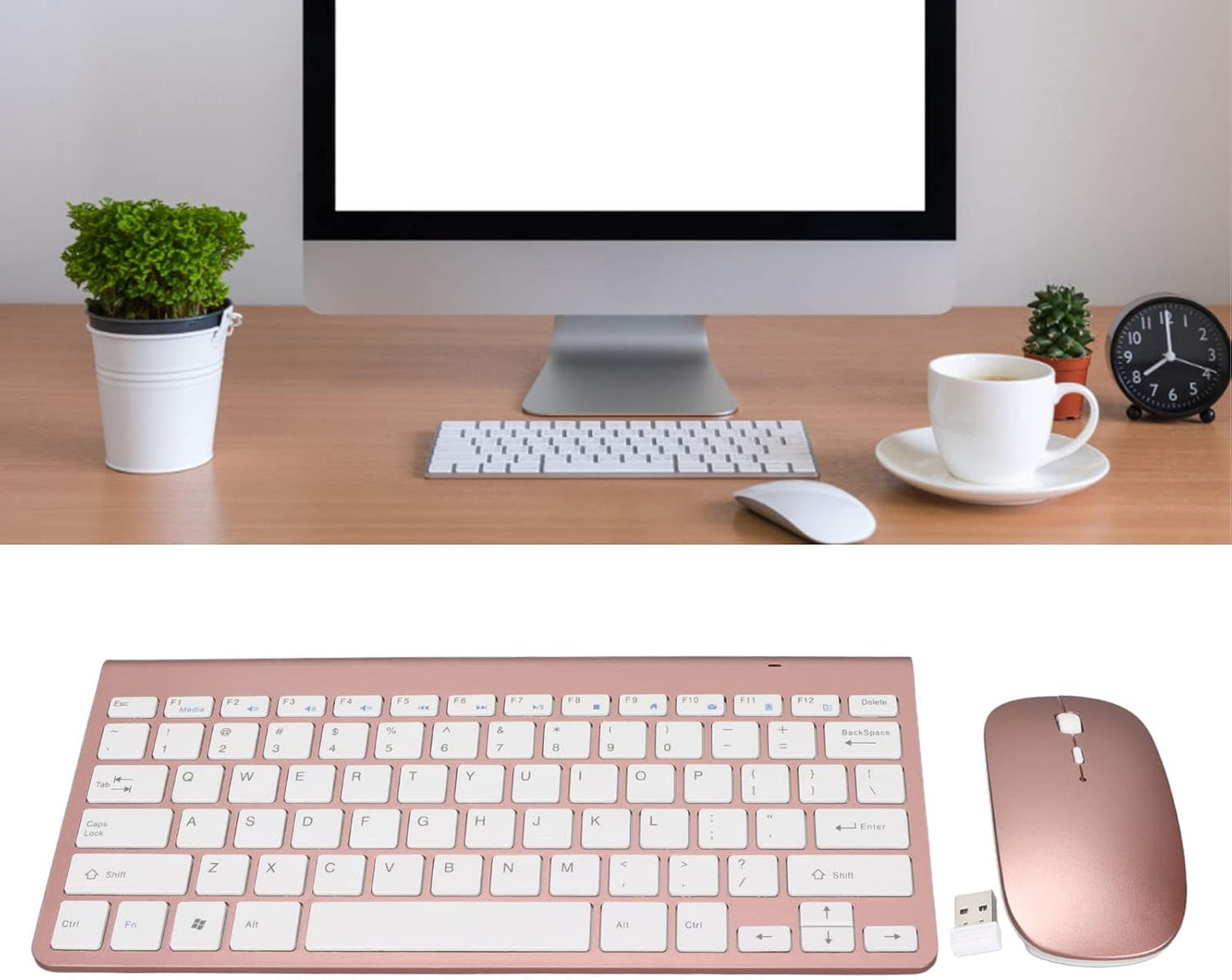 Keyboard Mouse Set 2.4G USB Thin Ergonomic Mute for Computer (Rose Gold)