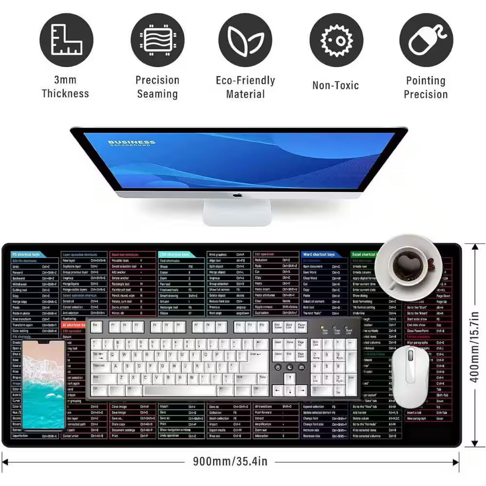 Large Shortcut Mouse Pad, Extended Office Mousepad with Stitched Edges, Non-Slip Base Keyboard Mat