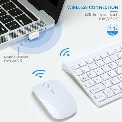 Wireless Keyboard and Mouse Ultra Slim Combo,  2.4G Silent Compact USB 2400DPI Mouse and Scissor Switch Keyboard Set with Cover, Batteries Included, for Pc/Laptop/Windows/Mac - White