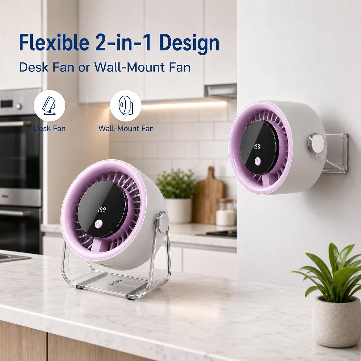 Portable Desk Fan for Bedroom, 199 Speeds Rechargeable USB Table Fan with 4000Mah Battery, 360° Rotation, LED Display, Quiet Wall-Mountable Personal Cooling Fan for Home Office (Purple)
