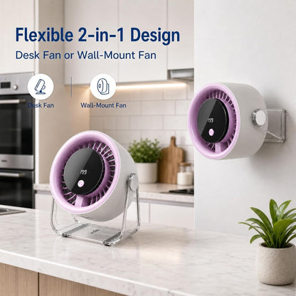 Portable Desk Fan for Bedroom, 199 Speeds Rechargeable USB Table Fan with 4000Mah Battery, 360° Rotation, LED Display, Quiet Wall-Mountable Personal Cooling Fan for Home Office (Purple)